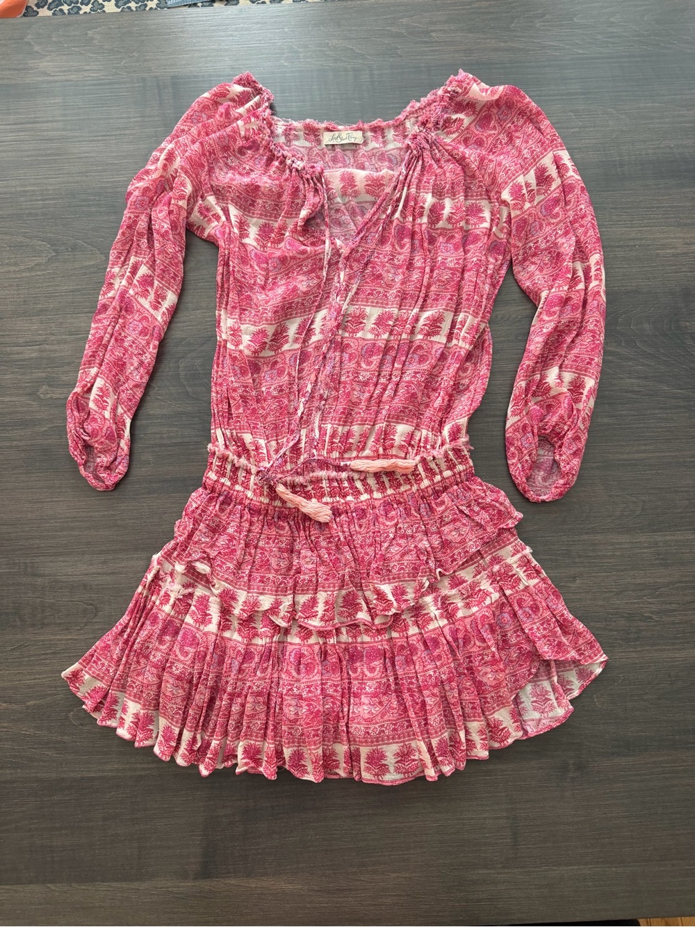 LoveShackFancy Pink and Cream Printed Ruffle Dress